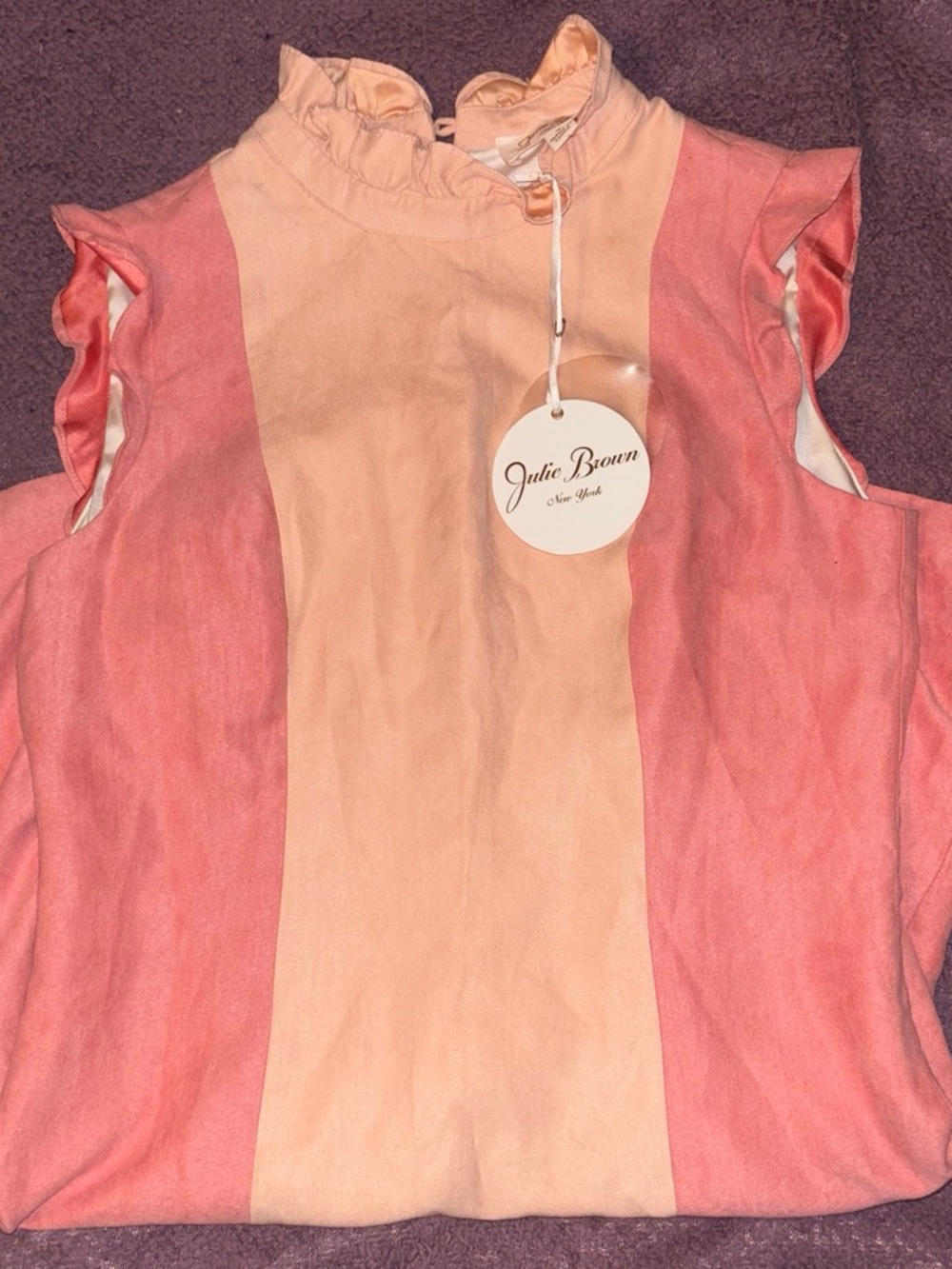 Vintage Julie Brown Two-Tone Peach and Coral Ruffle Neck Midi Dress